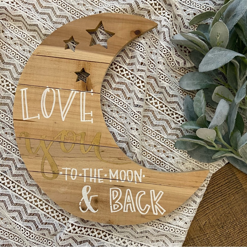 Wood Crescent Moon Artwork, LOVE YOU TO THE MOON & BACK